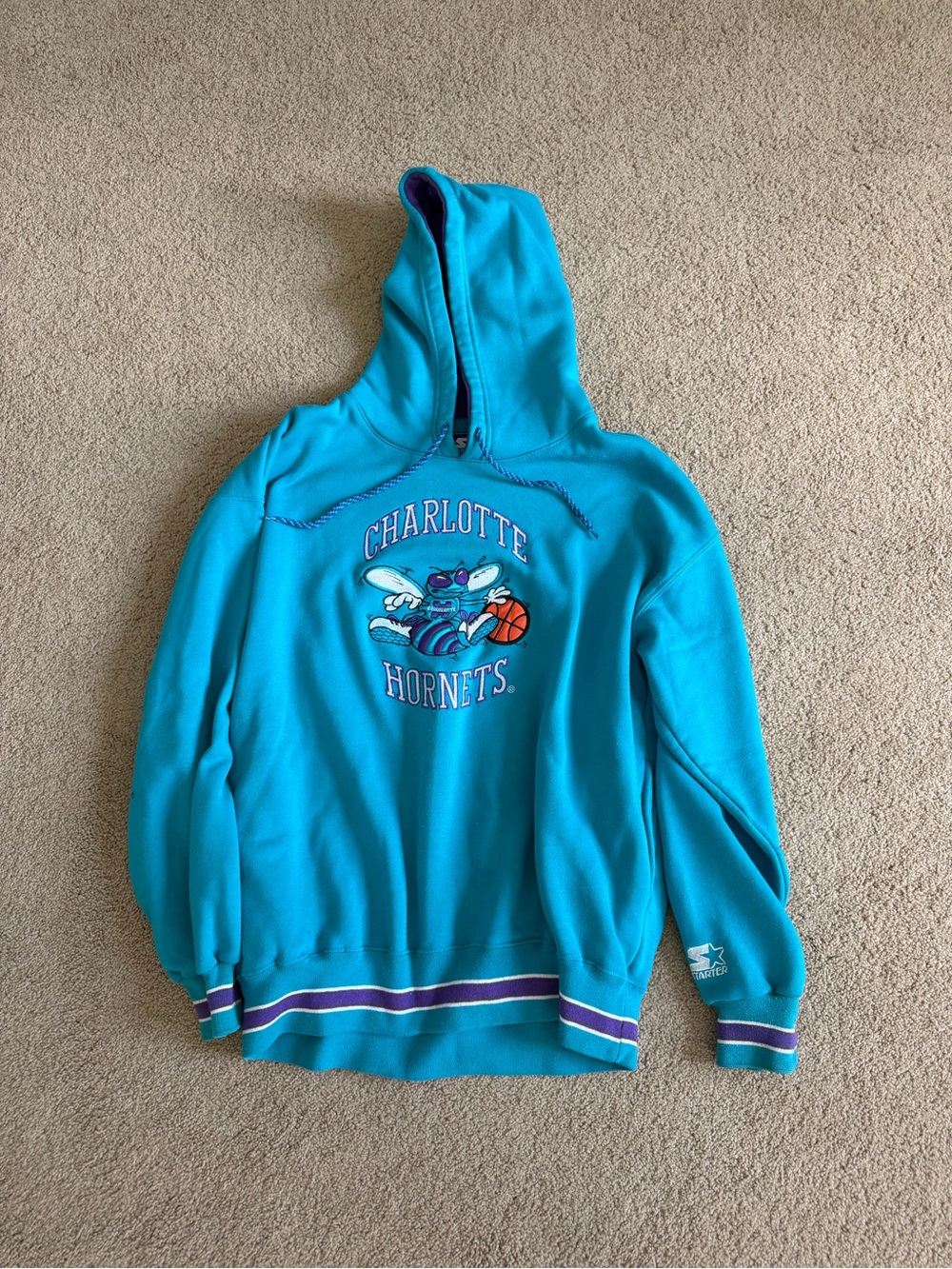 Vintage Embroidered Starter Charlotte Hornets Teal Pullover Hoodie